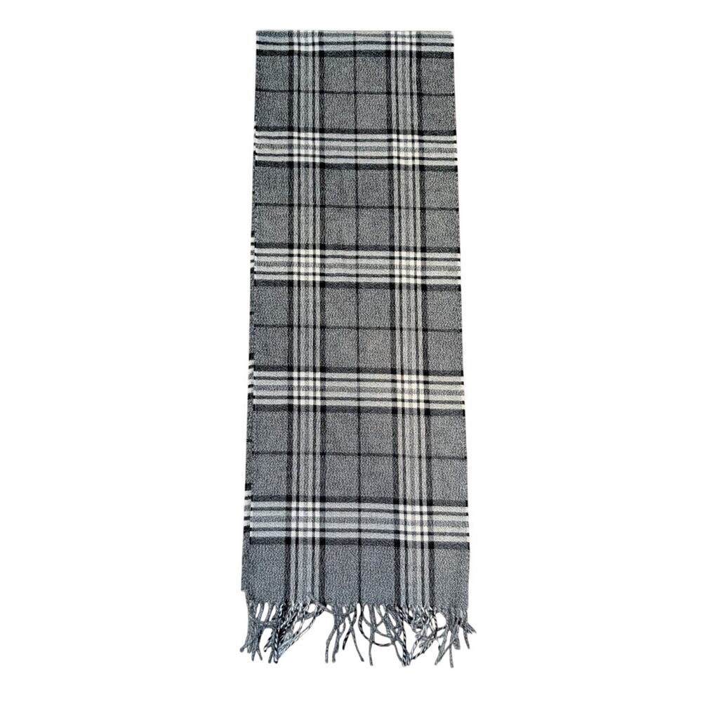 Scottish Cashmere Scarf Unisex Black Gray White Fringed 12 X 64 inch